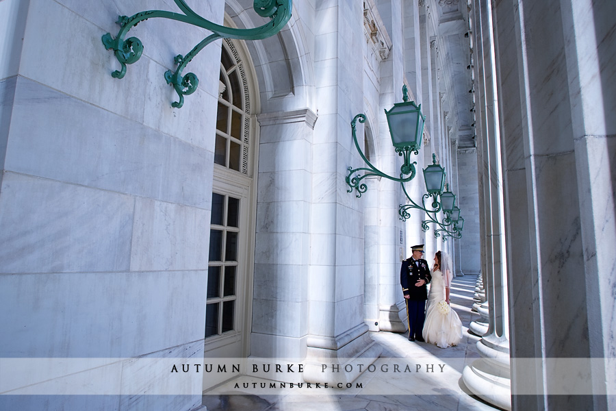 downtown denver wedding bride groom columns