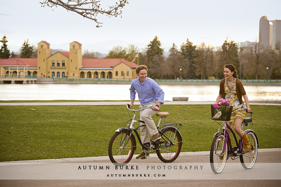 denver colorado city park boathouse engagement session cruiser bikes