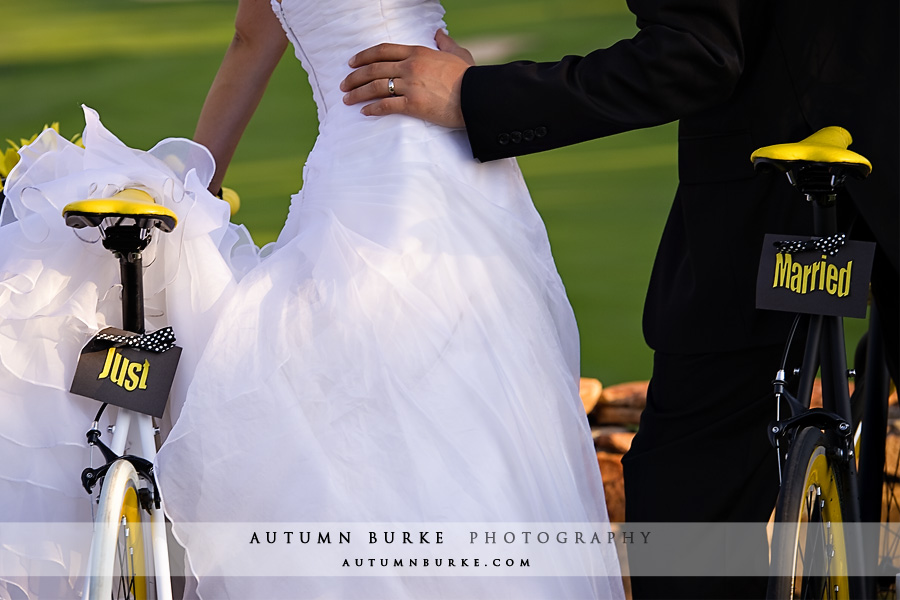 colorado wedding bride groom with bikes just married sign