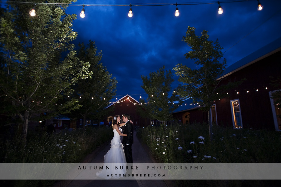 crooked willow farm wedding larkspur colorado bride groom market lights night