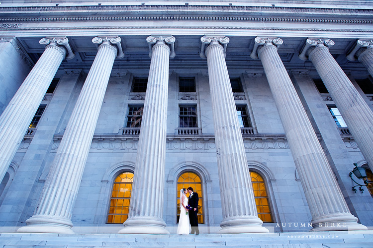 downtown denver urban colorado wedding portraits bride groom historic building columns