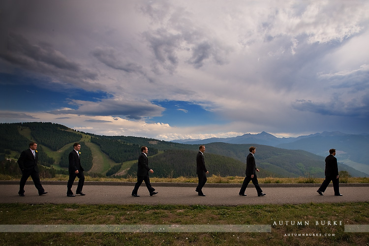 vail wedding deck mountain ceremony groom with groomsmen