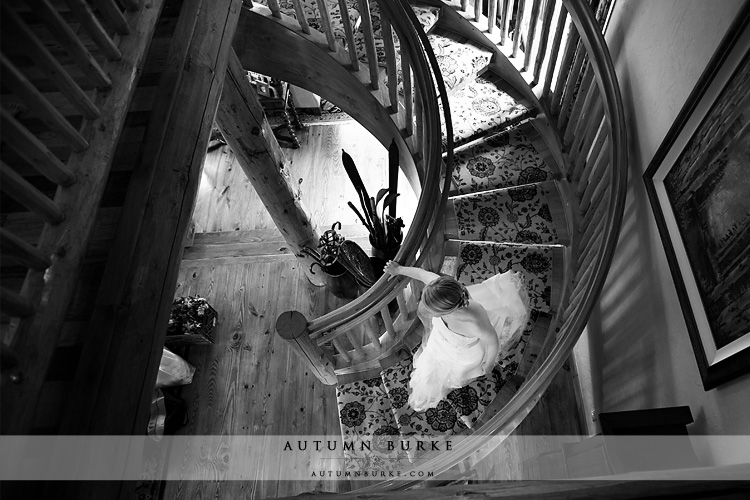 bride descends staircase beaver creek mountain wedding ceremony allies cabin