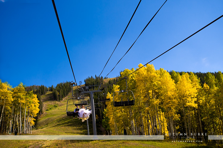 beaver creek colorado beanos cabin wedding bride and groom on the chairlift changing aspen fall autumn