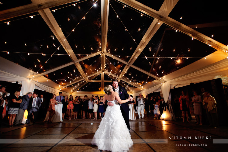 crooked willow farms wedding larkspur colorado bride and groom first dance tent courtyard