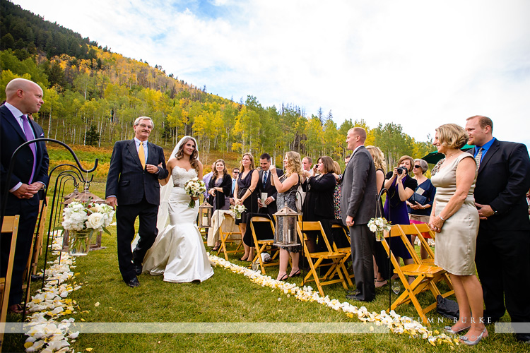 beaver creek colorado beanos cabin wedding ceremony bride walks down aisle