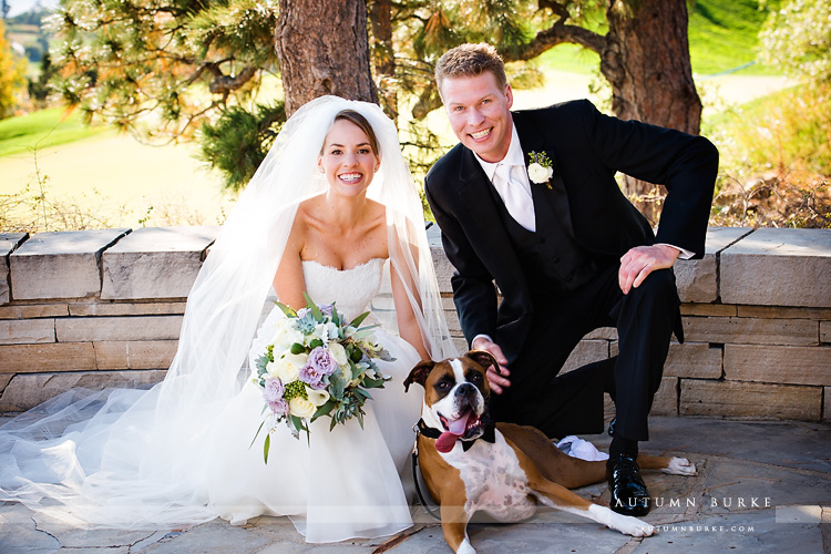 bride and groom and dog colorado wedding at the sanctuary golf club sedalia