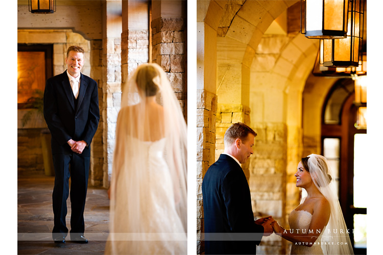 the sanctuary colorado wedding bride and groom first look reveal hallway