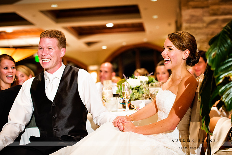 the sanctuary colorado wedding bride and groom laughing during toasts