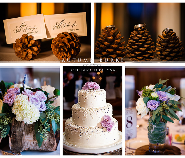 the sanctuary golf club sedlia colorado wedding reception details wedding cake centerpieces floral pine cones rustic elegance