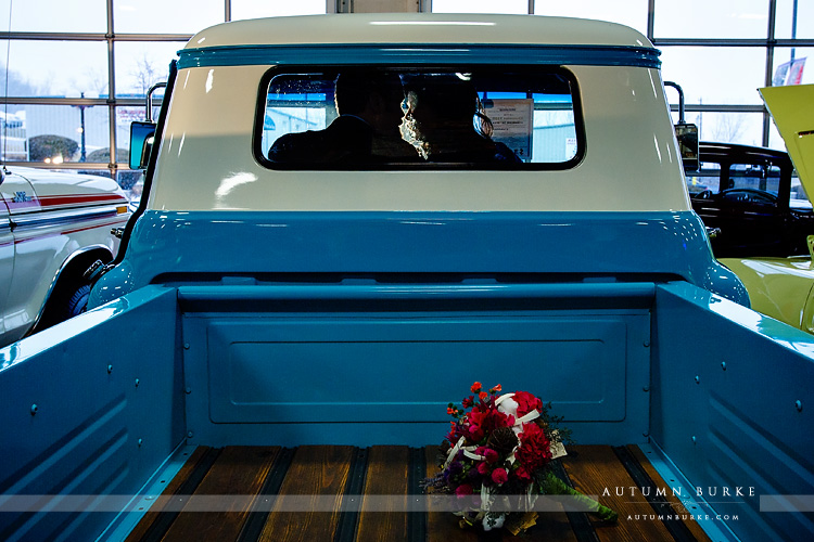 bride and groom silhouette wedding vintage truck