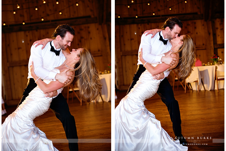 colorado barn wedding devils thumb ranch first dance dip