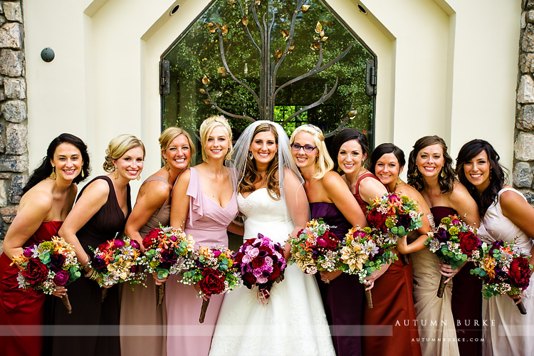 beaver creek colorado chapel wedding ceremony bridesmaids dresses fall colors