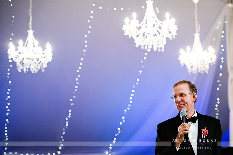 father of the bride FOB toasts wedding couple at denver country club colorado chandeliers