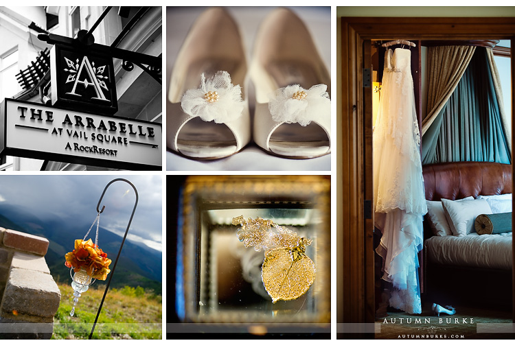 pronovias wedding dress shoes aspen leaf decor vail colorado mountain wedding details the arrabelle