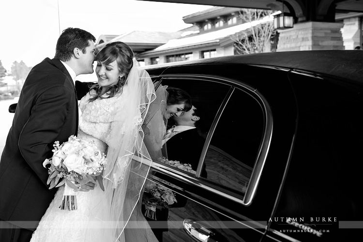 bride and groom with limo reflection the sanctuary golf colorado wedding