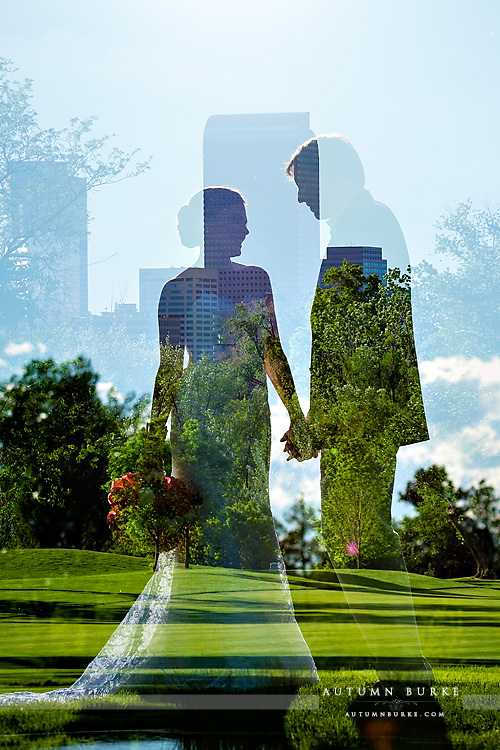 bride and groom silhouette denver skyline double exposure colorado country club wedding