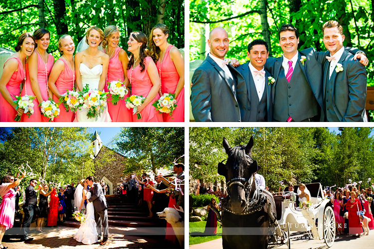 beaver creek chapel wedding bridesmaids groomsmen ribbon wands horse carriage