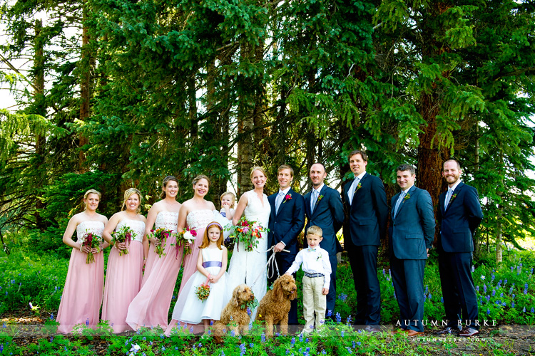 beaver creek saddle ridge wedding colorado mountain wedding deck wedding party with dogs portrait