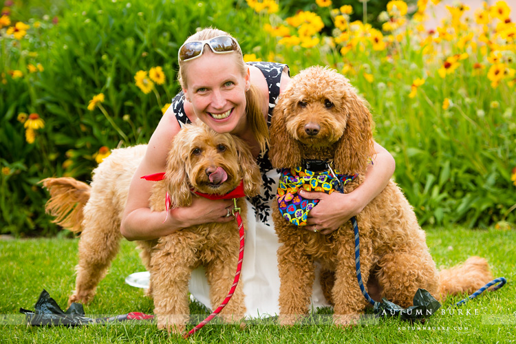 beaver creek colorado mountain wedding rehearsal bride with dogs portrait