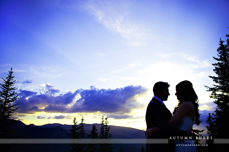 sunset little nell aspen colorado mountain wedding silhouette bride and groom