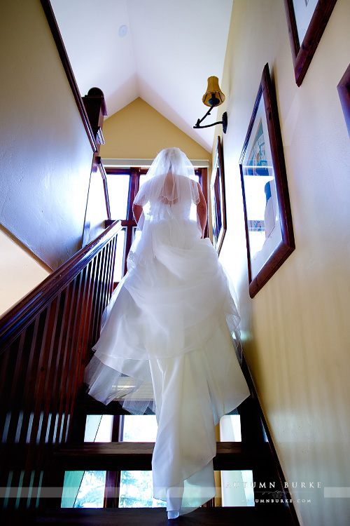 bride on staircase vail colorado mountain wedding