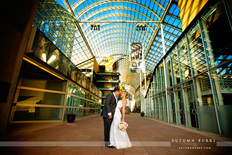 seawell ballroom wedding bride and groom atrium dcpa denver colorado