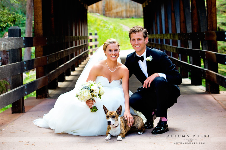 vail colorado mountain wedding bride and groom and dog donovan pavilion