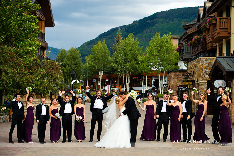 wedding party in downtown vail bride and groom