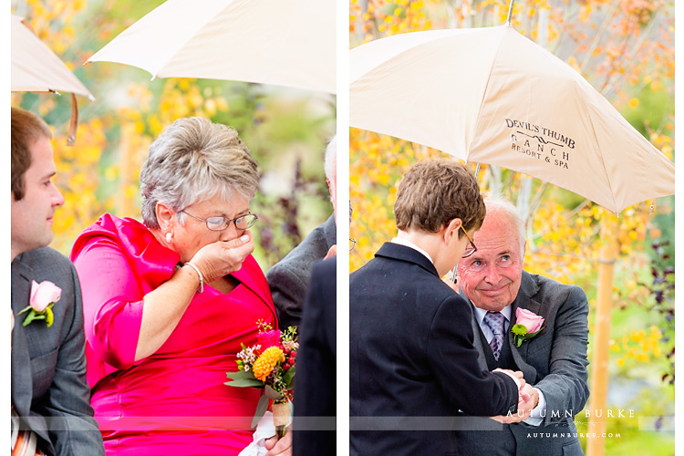 ring blessing colorado mountain wedding ceremony devils thumb ranch rain