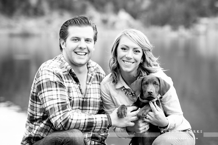 colorado portrait wedding engagement session evergreen lake mountains with puppy bw