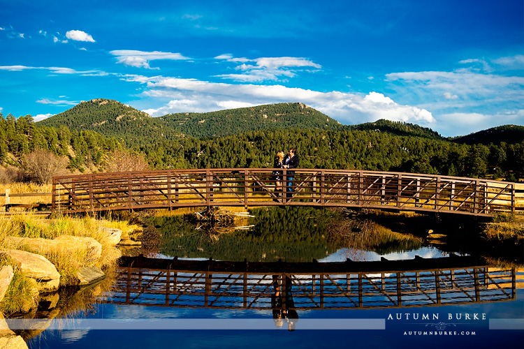 colorado wedding engagement session mountain lake bridge reflection evergreen portrait