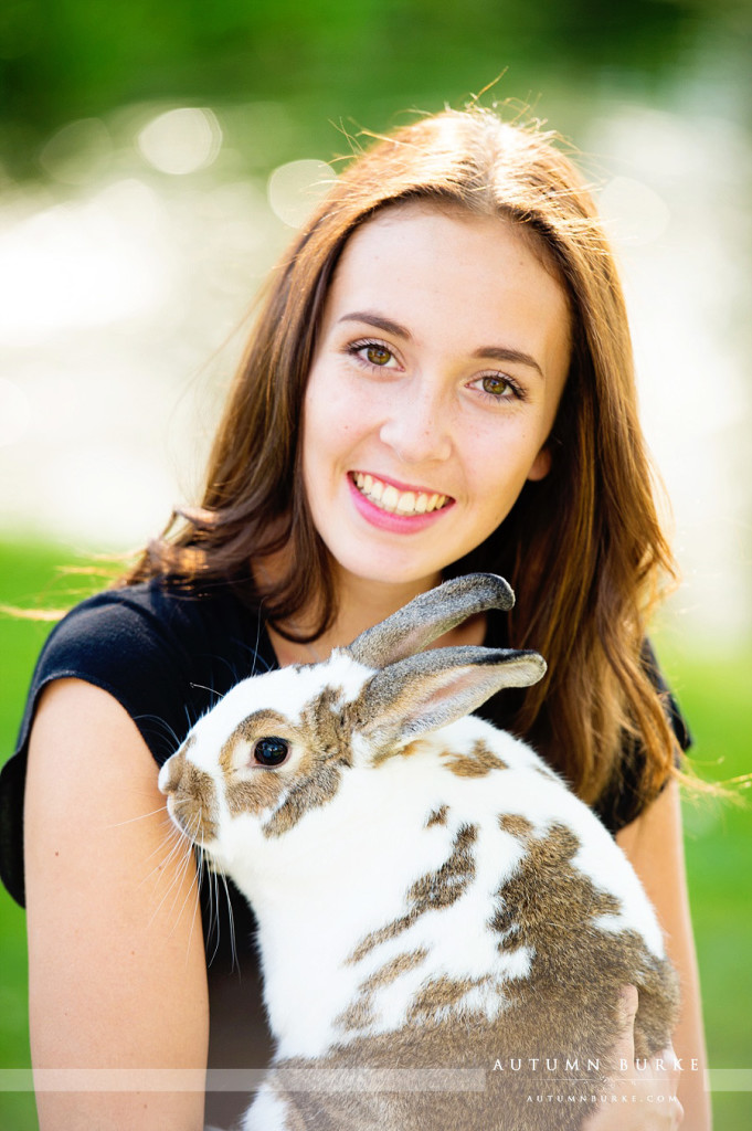 littleton colorado high school senior portrait with pet bunny
