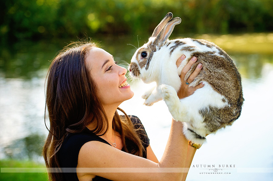 denver high school senior portrait with pet rabbit