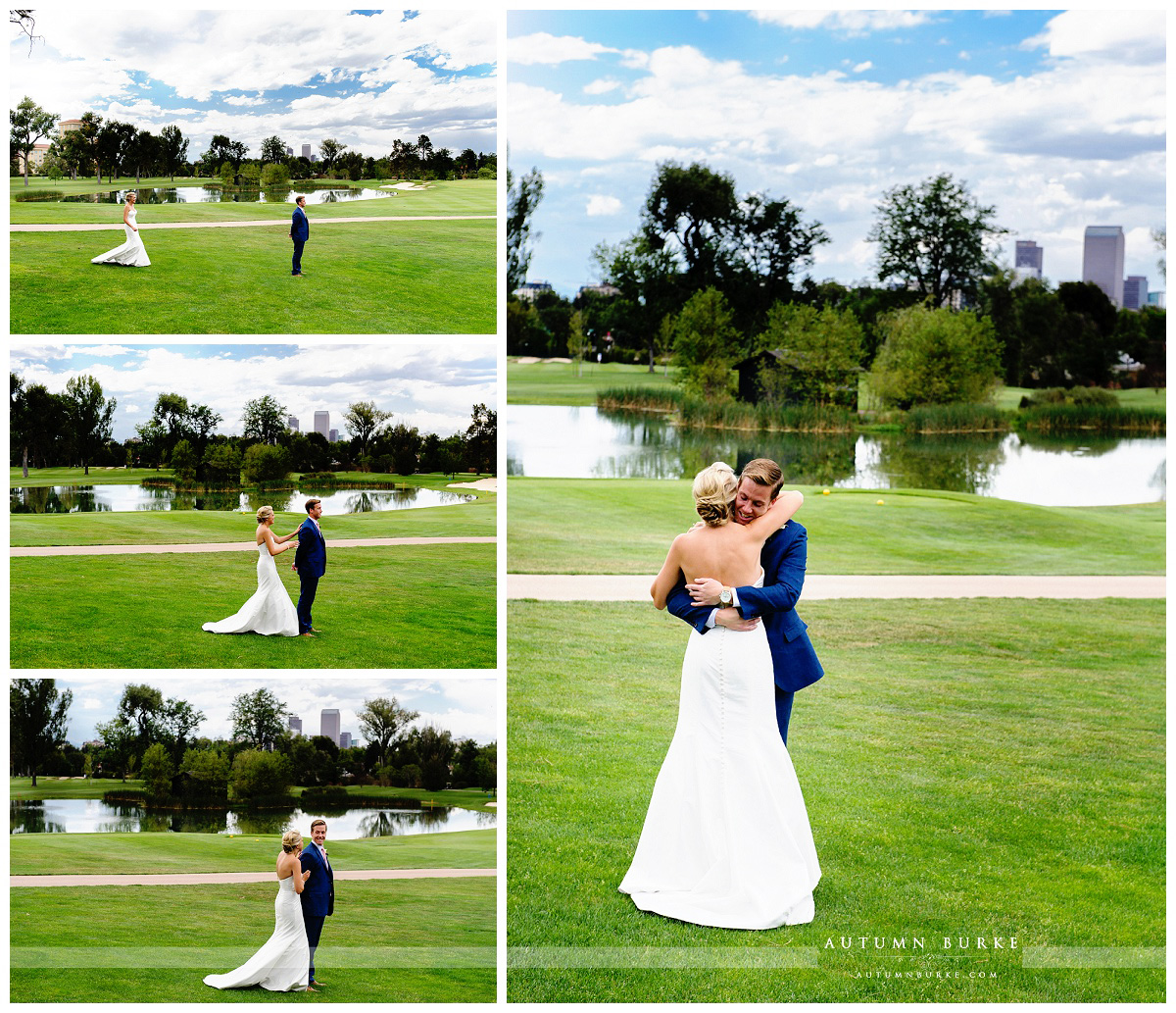 downtown denver country club wedding bride and groom first look lake