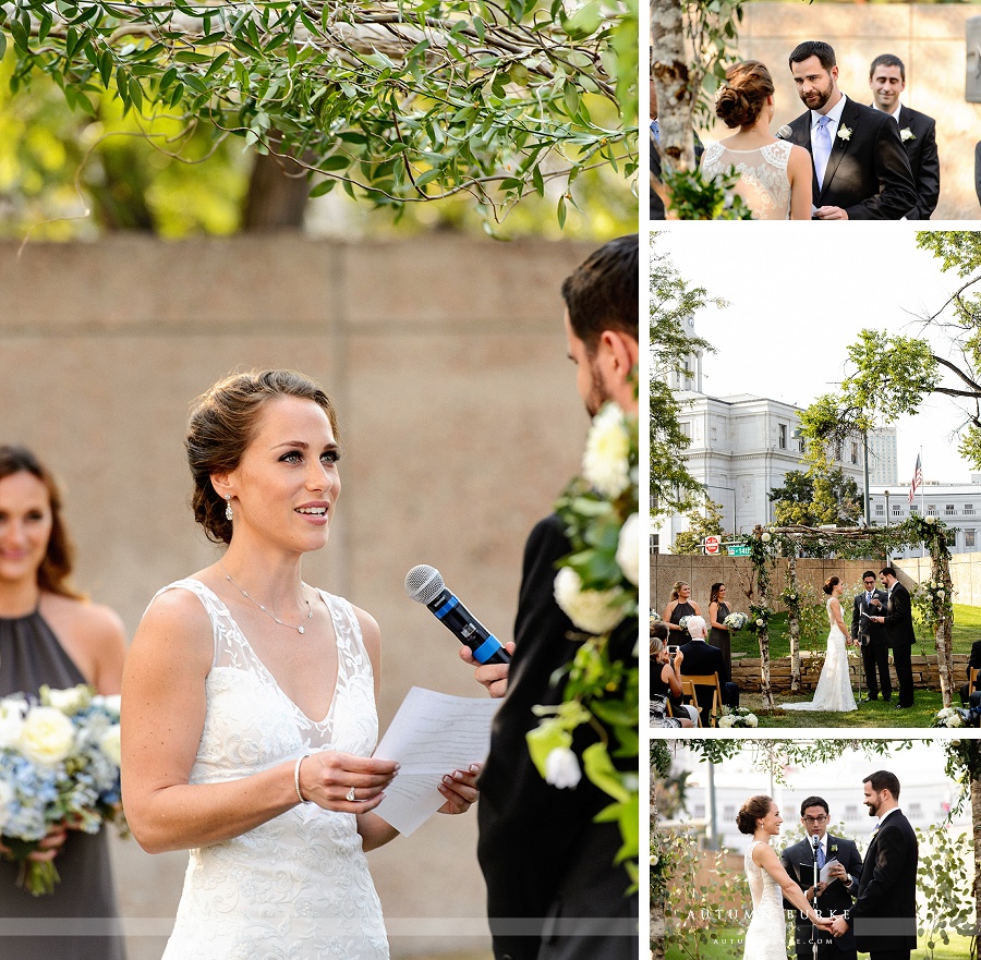 bride and groom outdoor colorado wedding ceremony downtown denver art museum chuppah