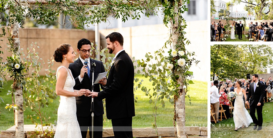 custom chuppah made of flowers and branches denver art museum wedding ceremony bride and groom rings vows colorado