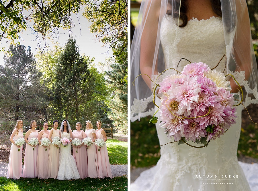 colorado wedding bride with bridesmaids blush pink bouquet botanic gardens chatfield