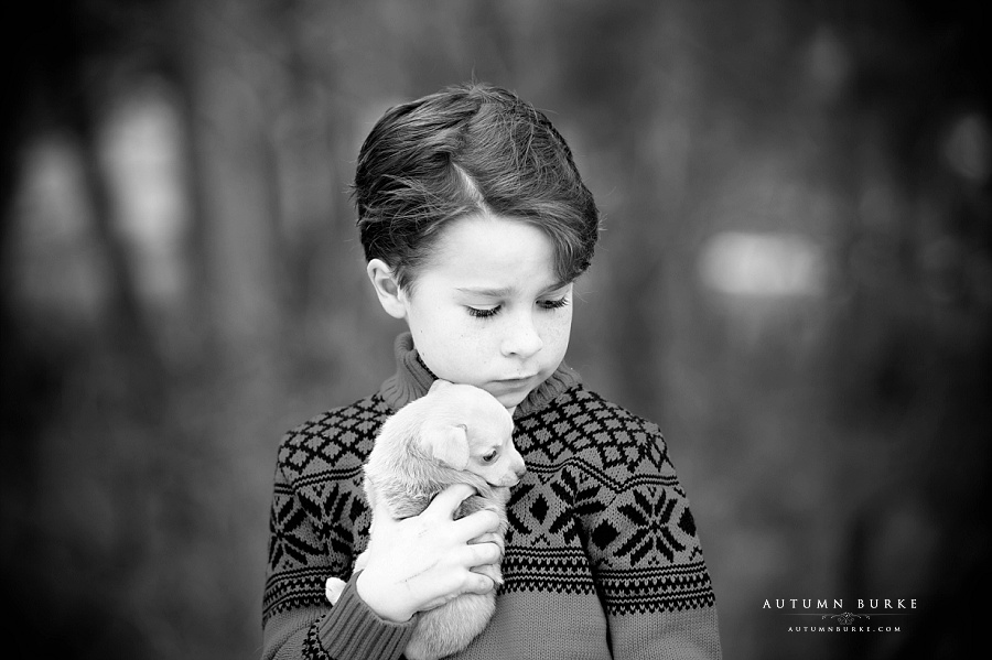 colorado childrens portrait black and white boy with puppy denver kids photographer lifestyle