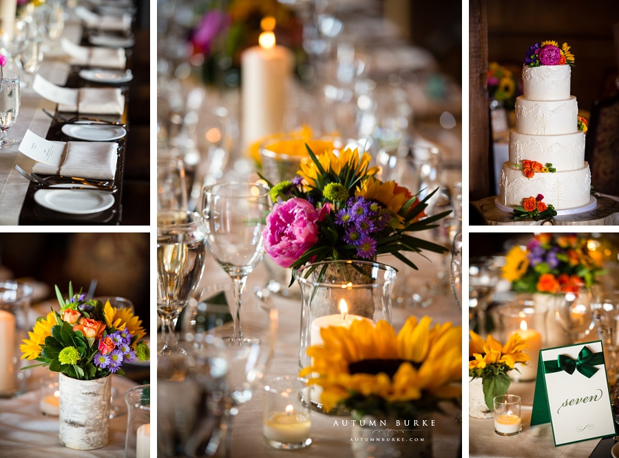 vail colorado mountain wedding details game creek restaurant cake flowers decor candles rustic sunflowers