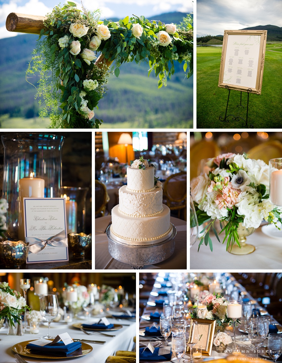 colorado mountain wedding details ceremony arch, stationery, flowers, centerpieces, decor, seating chart, table settings, cake